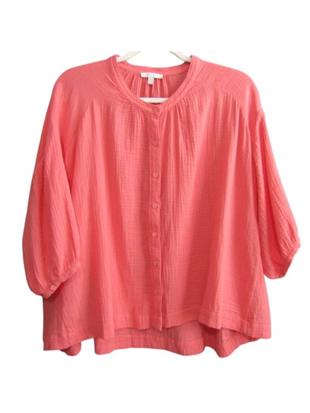 Johnny Was Calme Peach Shirred Neck Button Down Top Womens Size M Cotton O21016
